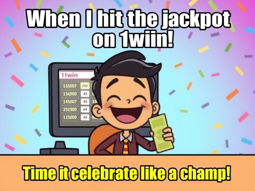 A_humorous_meme_about_1win_betting_company._The_image_features_a_cartoon_character_with_a_joyful_expression_sitting_in_front_of_a_computer_with_betting_odds_and_a_winning_ticket_in_hand._The_top_text_says_When_I_hit_the_jackpot_on_1win_and_the_bottom